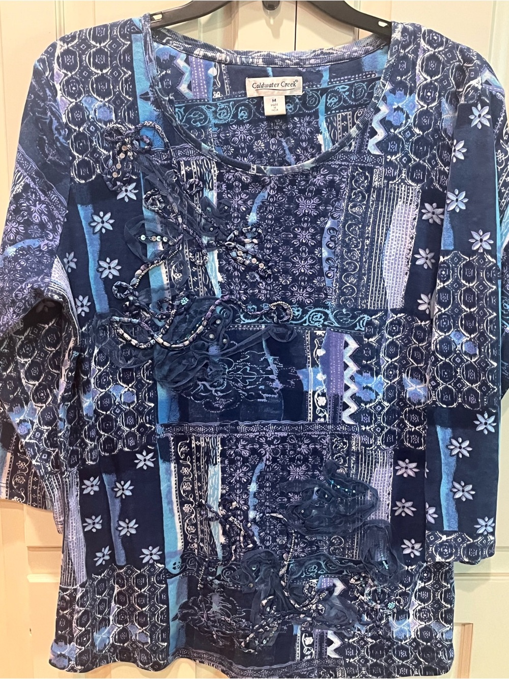 Coldwater Creek Navy Blue Patchwork Floral Embellished Long Sleeve Top